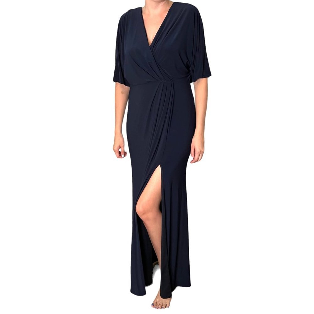 BHLDN Navy Blue V-Neck Blouson Top Short Sleeve Side Slit Maxi Dress Size 12